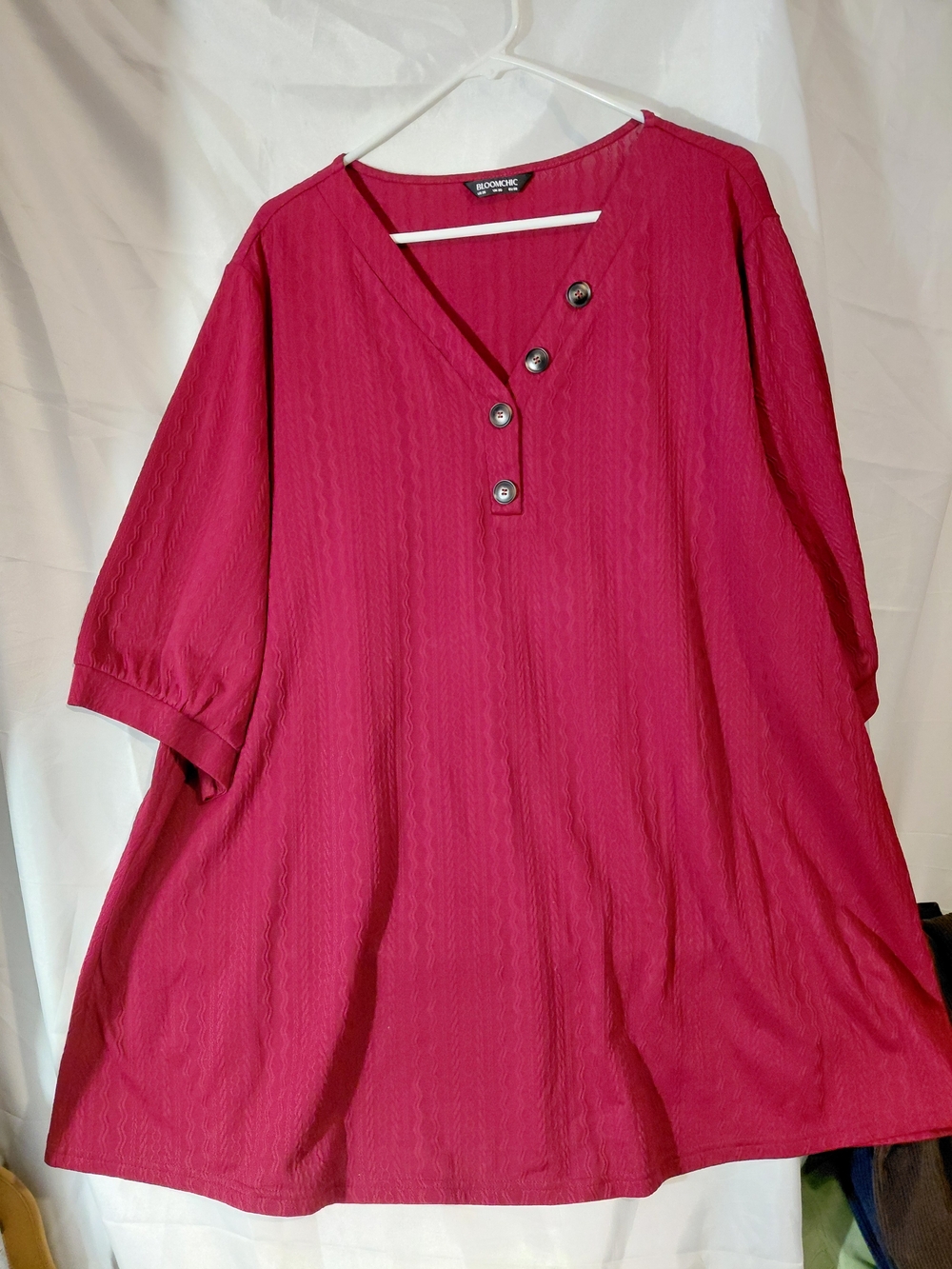BloomChic Raspberry V-Neck Tunic with Diagonal Button Accents